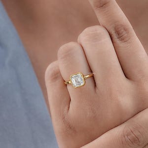 Asscher Cut Lab Grown Diamond Solitaire Bezel Ring / 14K Solid Gold Prong Set Engagement Ring / EF-VS CVD Diamond Engagement Gift For Mom