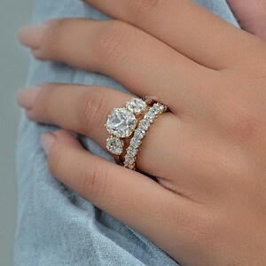 Old Mine Cushion Lab Diamond Bridal Ring Set/ CVD Diamond Matching Eternity Band/ Man Made Diamond Three Stone Ring/ Custom Ring Set For Her