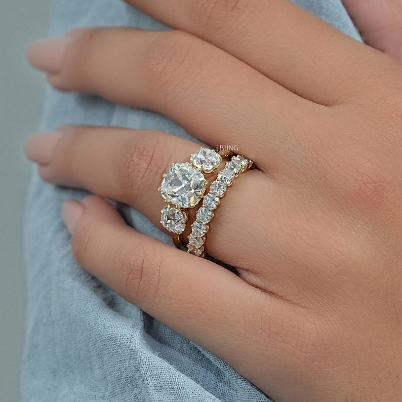Old Mine Cushion Lab Diamond Bridal Ring Set/ CVD Diamond Matching Eternity Band/ Man Made Diamond Three Stone Ring/ Custom Ring Set For Her