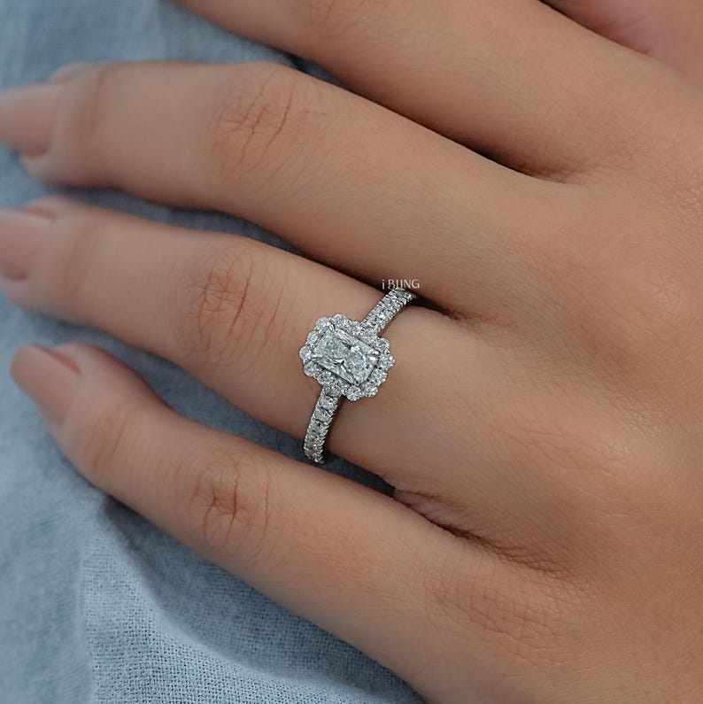 Radiant Cut Eco-Friendly Diamond Engagement Ring CVD Diamond Halo Accent Ring EF-VS Lab-Grown Diamond Wedding Ring Bridal Ring For Her