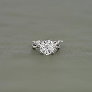 Round Cut Lab Grown Diamond Twisted Shank Solitaire Engagement Ring / Man Made Diamond Accent Wedding Ring / Anniversary Gift For Her