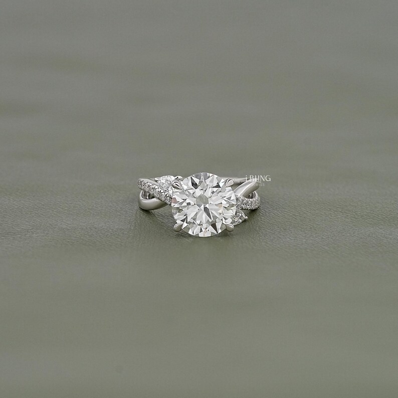 Round Cut Lab Grown Diamond Twisted Shank Solitaire Engagement Ring / Man Made Diamond Accent Wedding Ring / Anniversary Gift For Her