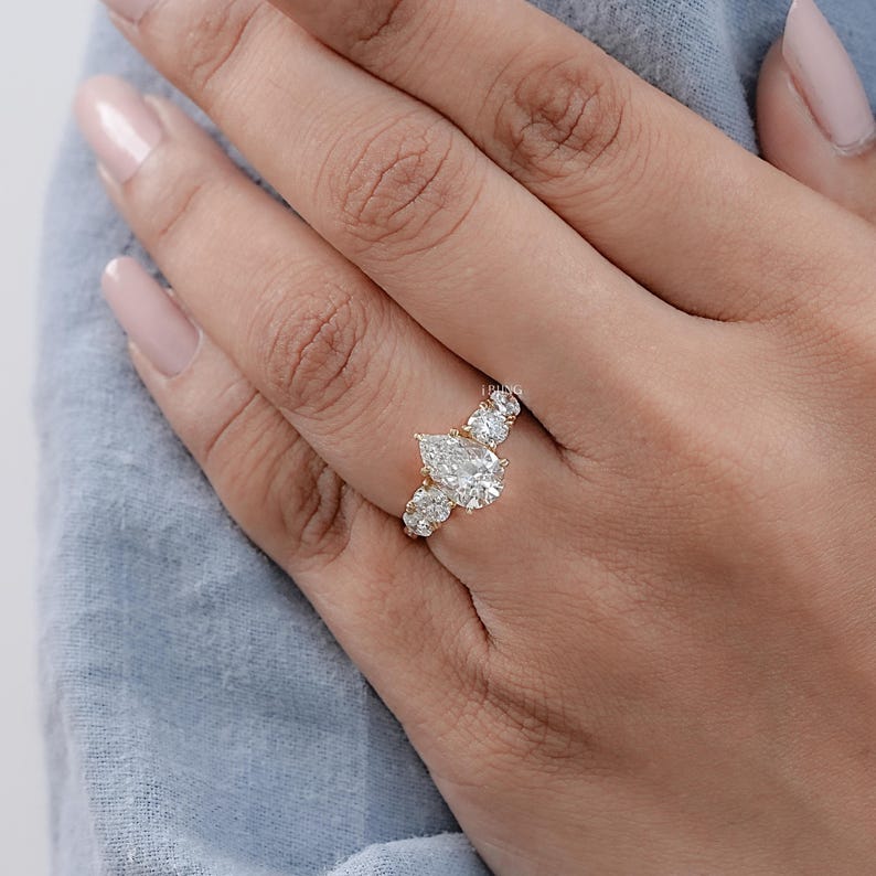 1.50 CT Pear Cut CVD Diamond Anniversary Ring / Side Diamond Round Cut Five Stone Engagement Ring / Conflict Free Diamond Proposal Ring