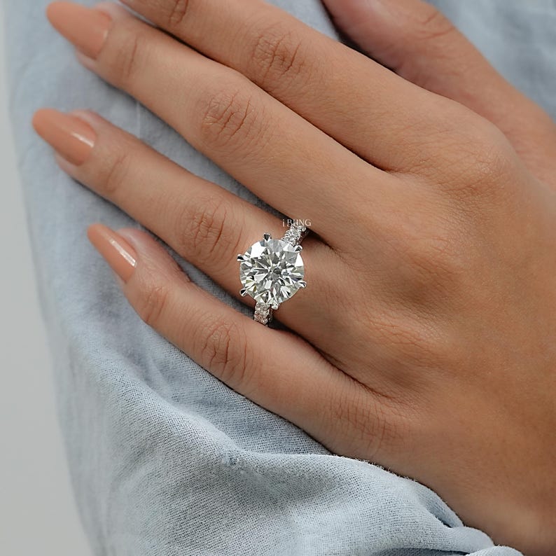 Round Cut Lab Diamond Solitaire Accent Engagement Ring / 8 CT Man Made Diamond Pave Set Wedding Ring / Statement Ring For Anniversary Gift