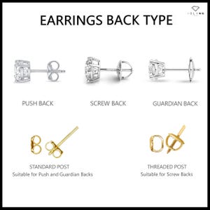 May include: Diagram of earring back types: push back, screw back, and guardian back. Also shown are standard posts suitable for push and guardian backs, and threaded posts suitable for screw backs. The text "EARRINGS BACK TYPE" is at the top.
