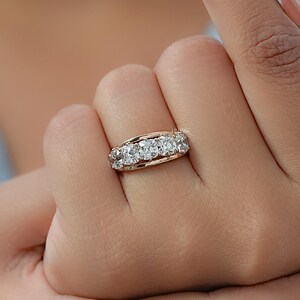 Old Mine Cushion Cut Lab-Made Diamond Half Eternity Wedding Band/ CVD Diamond Five-Stone Band/ 14K Solid Gold Split Shank Band/ Gift For Her