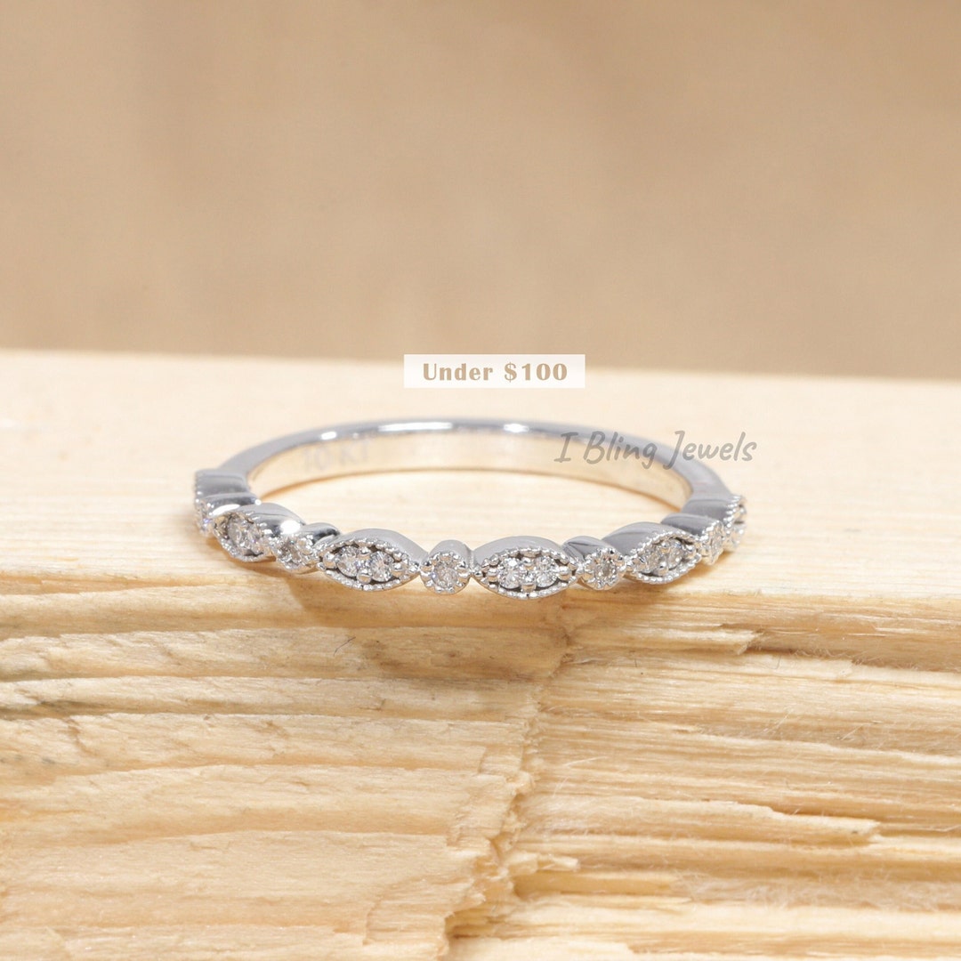 Round Moissanite Half Eternity Band / 14K White Gold Womens Wedding ...