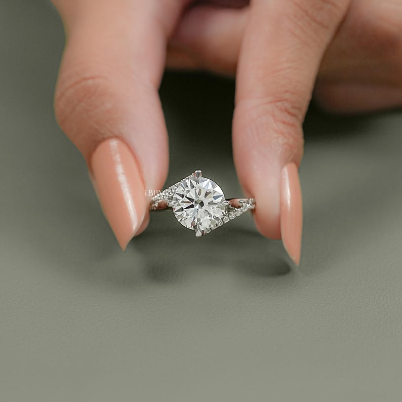 Round Cut Lab Grown Diamond Bypass Wedding Ring / Half Eternity Round Diamond Solitaire Accent Engagement Ring / Anniversary Gift For Her