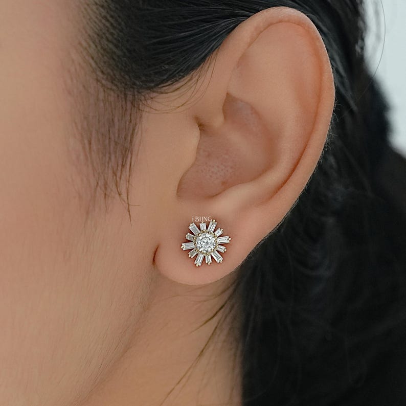 Round Cut Lab Diamond Cluster Stud Earrings/ Tapered Baguette CVD Diamond Sunburst Earrings/ 14K Solid Gold Push Back Earrings/ Gift For Mom