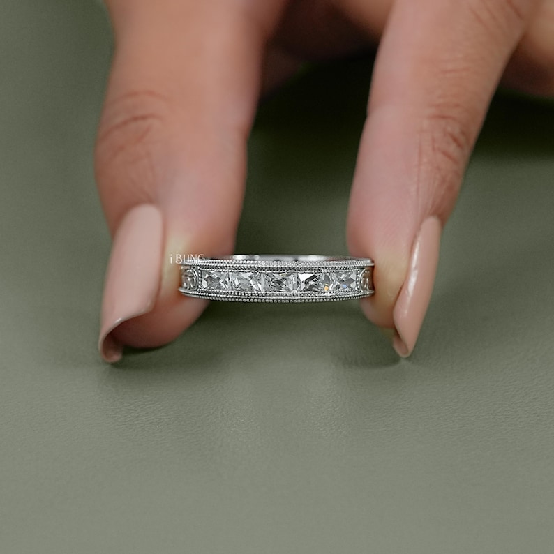 French Cut Baguette Lab Grown Diamond Unisex Wedding Band/ CVD Diamond Milgrain Set Band/ Filigree Set Diamond Engagement Band/ Gift For Him