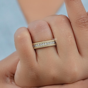 Round Cut Conflict Free Diamond Unisex Wedding Band/ Milgrain Set Half Eternity Band/ Lab Diamond Stackable Engagement Band/ Gift For Him