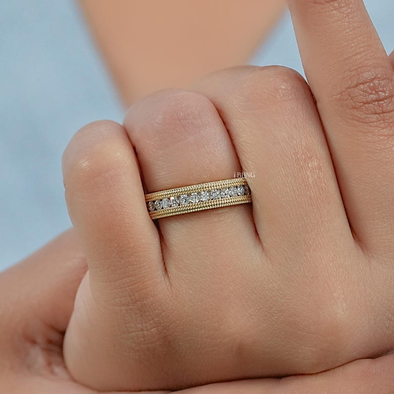 Round Cut Conflict Free Diamond Unisex Wedding Band/ Milgrain Set Half Eternity Band/ Lab Diamond Stackable Engagement Band/ Gift For Him