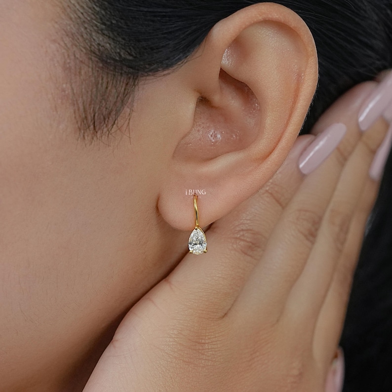 Pear Cut Lab Grown Diamond Hoop Earrings / EF- VS Clarity Conflict Free Diamond Lever Back Solitaire Gold Earrings / Bridal Gift For Her