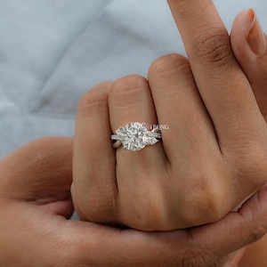 Round Cut Lab Grown Diamond Twisted Shank Solitaire Engagement Ring / Man Made Diamond Accent Wedding Ring / Anniversary Gift For Her
