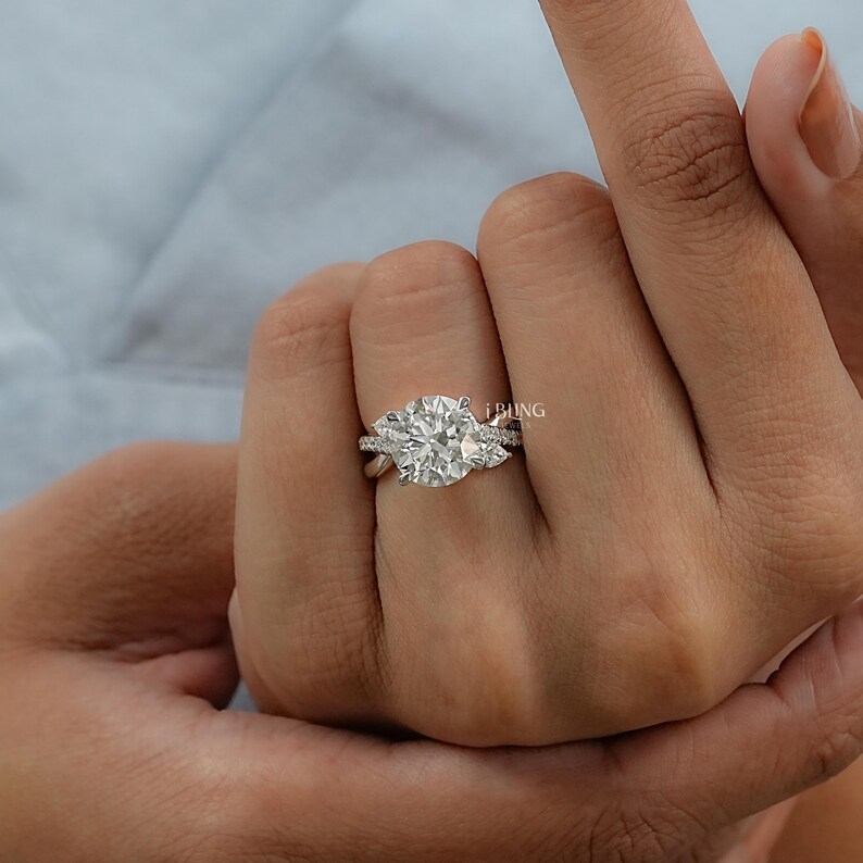 Round Cut Lab Grown Diamond Twisted Shank Solitaire Engagement Ring / Man Made Diamond Accent Wedding Ring / Anniversary Gift For Her