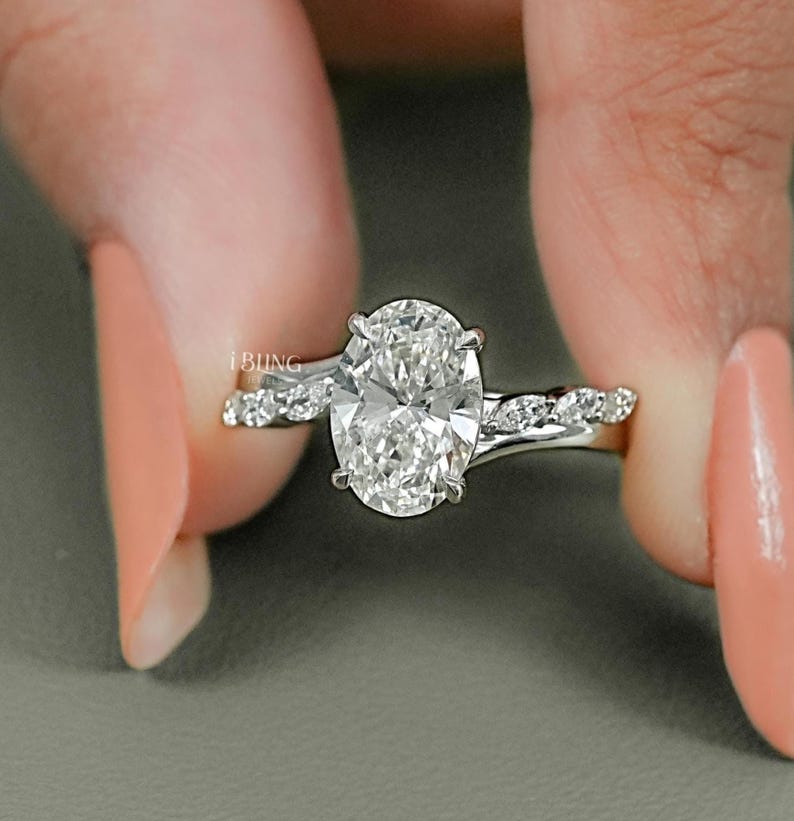 2 CT Oval Cut Lab Grown Diamond Solitaire Engagement Ring / Marquise Cut Conflict Free Diamond Prong Set Bypass Ring / Wedding Gift For Her