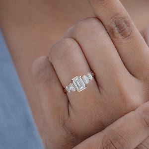 Emerald Cut CVD Diamond Five Stone Engagement Ring / EF-VS Diamond Proposal Ring / Side Diamond Oval Cut Customized Wedding Ring For Her