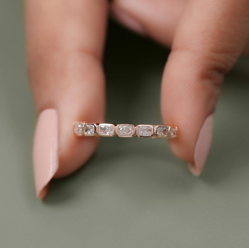 Radiant Cut Lab Diamond East West Eternity Band / 14K Solid Gold Bezel Set Wedding Band / Conflict Free Diamond 3/4 Th Anniversary Band