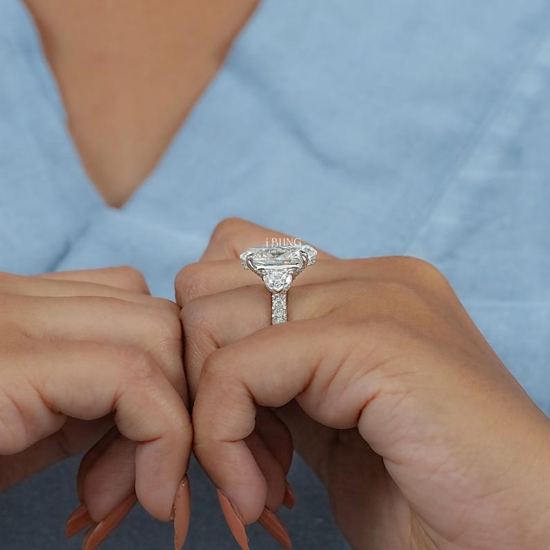 8.00 CT Oval Cut Lab Grown Diamond Trilogy Engagement Ring / IGI Certified Heart Cut Side Diamond Statement Ring / Anniversary Gift For Her