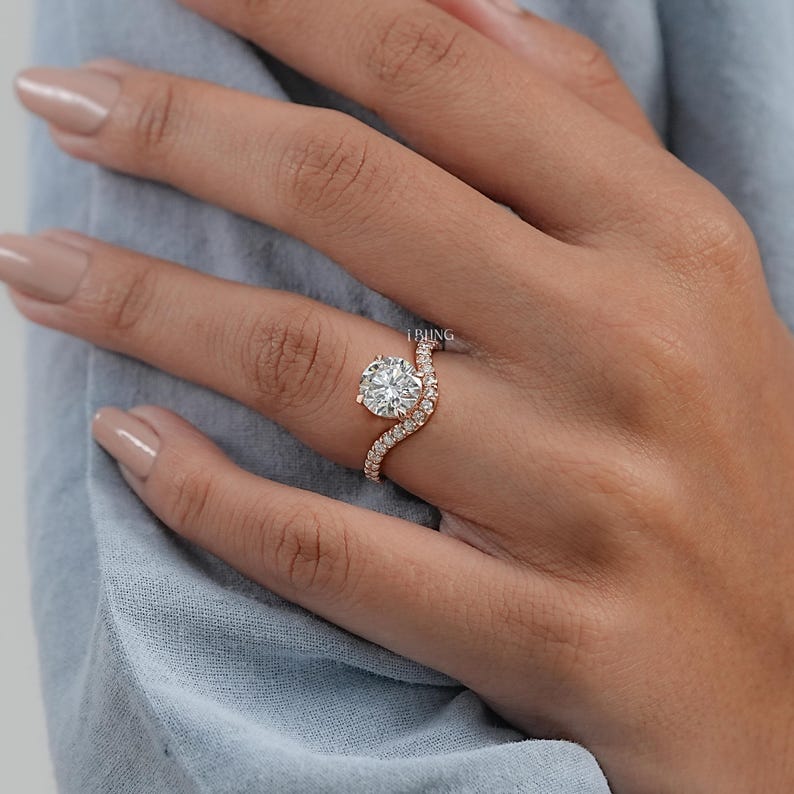 Round Cut Lab Diamond Engagement Ring/ CVD Diamond Solitaire With Accent Ring/ Eco Friendly Diamond Bridal Ring/ Anniversary Ring For Wife