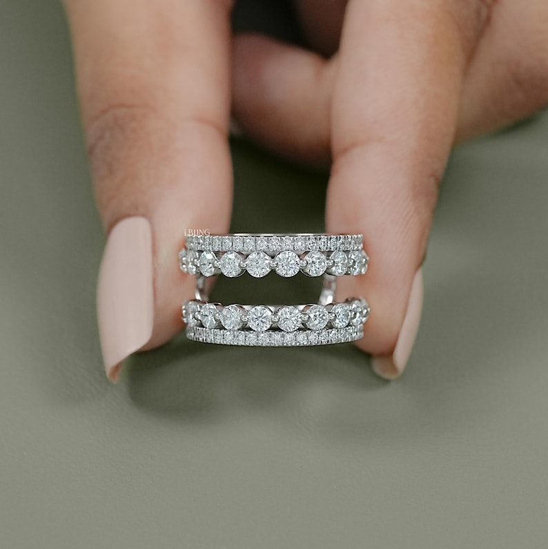 Round Cut Lab Diamond Wrap Guard Band / Conflict Free Diamond Enhancer Band / 14K Solid Gold Customized Matching Band / Double Row Band