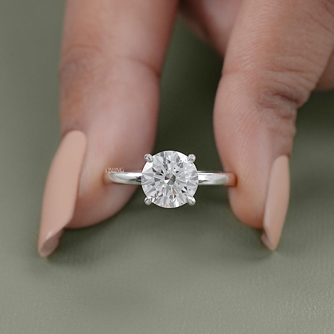 Round Cut Lab Grown Diamond Solitaire Engagement Ring / 14K Solid Gold ...