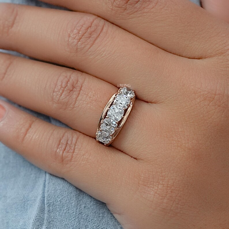 Old Mine Cushion Cut Lab-Made Diamond Half Eternity Wedding Band/ CVD Diamond Five-Stone Band/ 14K Solid Gold Split Shank Band/ Gift For Her