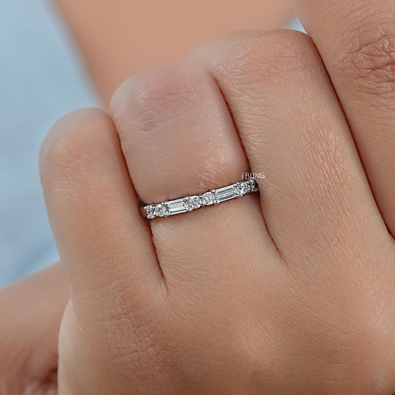 Baguette Cut Lab Diamond East West Set Band/ Round Cut CVD Diamond Half Eternity Band/ Dainty Stackable Diamond Band/ Wedding Band For Her