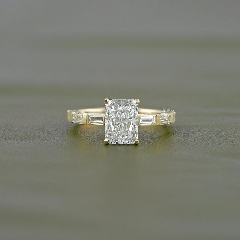 Radiant Cut Lab Diamond Engagement Ring/ Baguette Cut CVD Diamond Wedding Ring/Eco-Friendly Diamond Solitaire With Accent Ring/ Bridal Gift
