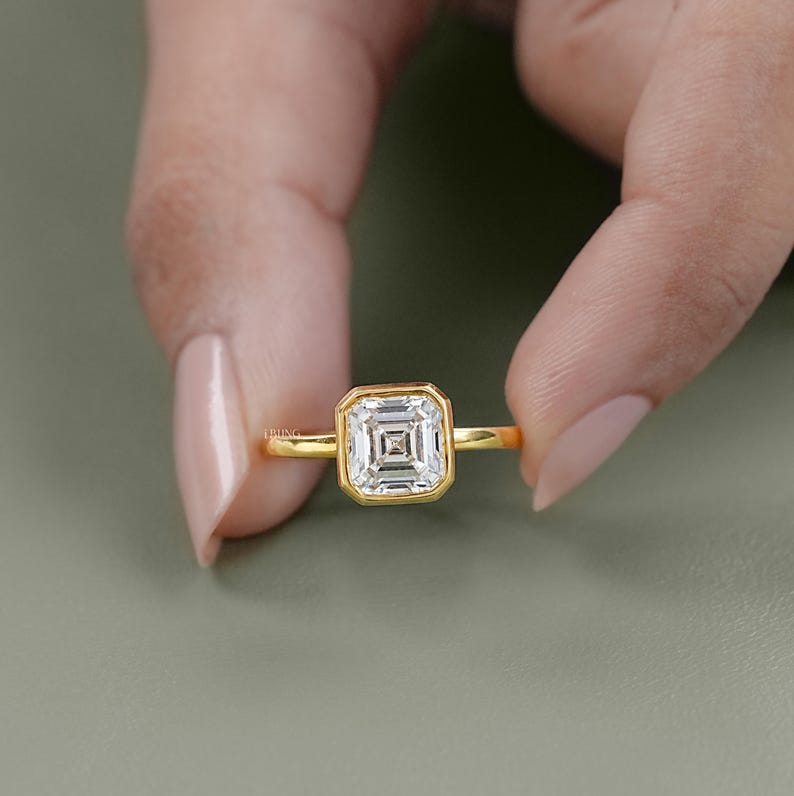 Asscher Cut Lab Grown Diamond Solitaire Bezel Ring / 14K Solid Gold Prong Set Engagement Ring / EF-VS CVD Diamond Engagement Gift For Mom