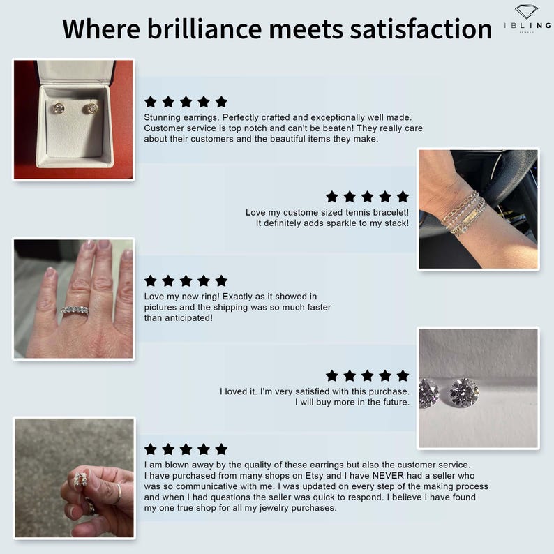 May include: Five customer reviews for jewelry items. Each review includes a five-star rating and a short description of the product and the customer's experience. The reviews highlight the quality of the jewelry, the speed of shipping, and the excellent customer service.