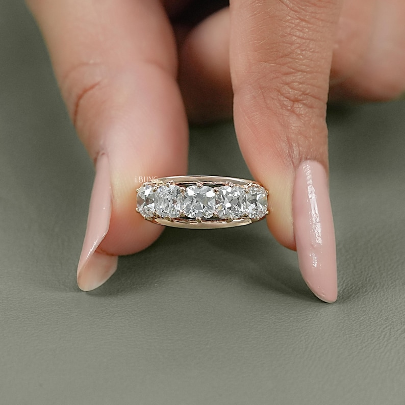 Old Mine Cushion Cut Lab-Made Diamond Half Eternity Wedding Band/ CVD Diamond Five-Stone Band/ 14K Solid Gold Split Shank Band/ Gift For Her