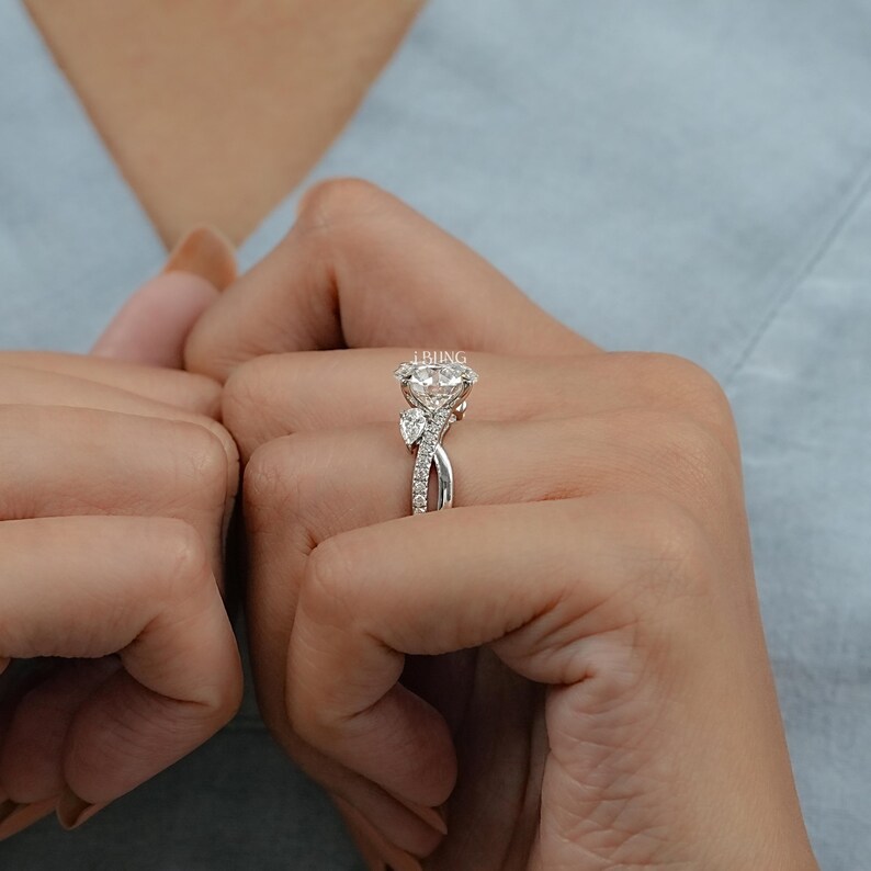 Round Cut Lab Grown Diamond Twisted Shank Solitaire Engagement Ring / Man Made Diamond Accent Wedding Ring / Anniversary Gift For Her