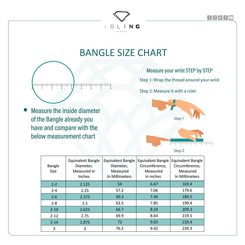 May include: A bangle size chart with the IBLING logo. The chart includes instructions on how to measure your wrist and compare it to the bangle size chart. Measurements are in inches and millimeters.