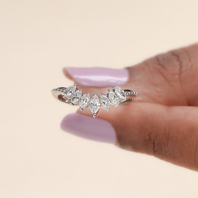 Marquise-Cut Lab Grown Diamond Band / Women's Wedding Diamond Curved Band / Marquise Diamond Vintage Band / V Shape Chevron Matching Band