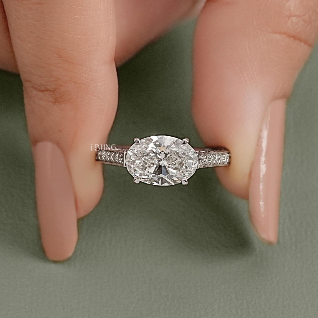 East West Oval Lab Grown Diamond Hidden Halo Engagement Ring / IGI ...