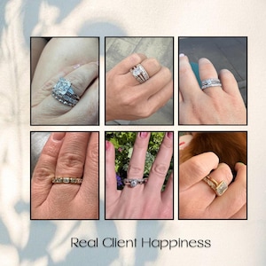 Real customer photos of diamond engagement rings and wedding bands styled on different hands, featuring emerald-cut, round, and stackable ring designs. The collage showcases genuine client satisfaction, sparkling fine jewelry, and elegant everyday wear beneath the text "Real Client Happiness."