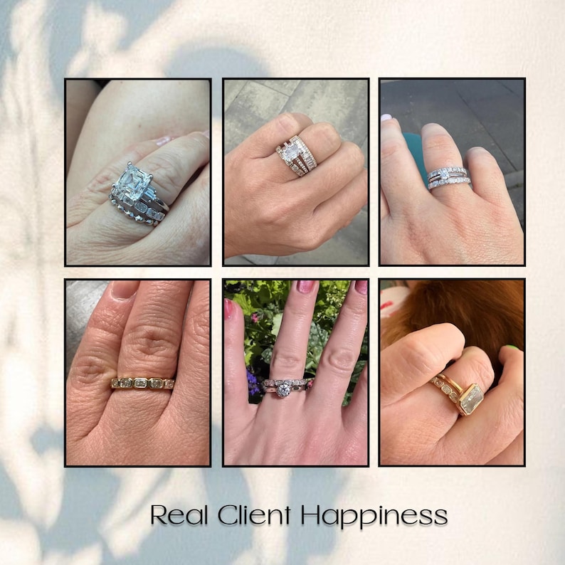 Real customer photos of diamond engagement rings and wedding bands styled on different hands, featuring emerald-cut, round, and stackable ring designs. The collage showcases genuine client satisfaction, sparkling fine jewelry, and elegant everyday wear beneath the text "Real Client Happiness."