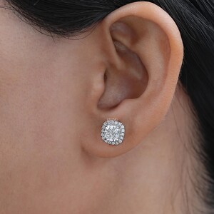CVD Diamond Cushion Stud Earrings  Halo Lab Grown Diamond Women's Earrings  14K White Gold Screw Back Lab Made Diamond Bridal Earrings