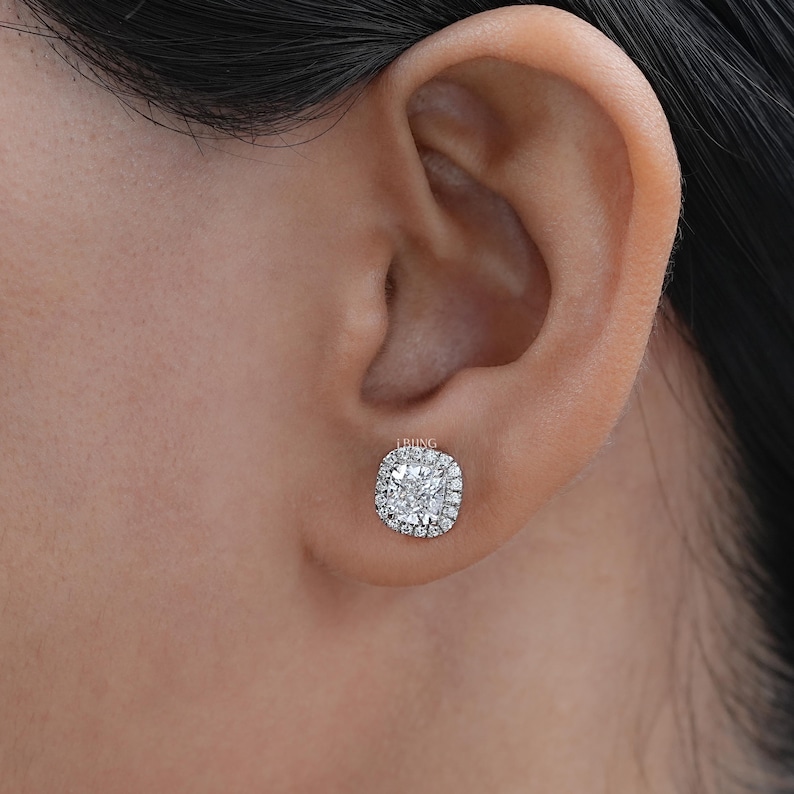 CVD Diamond Cushion Stud Earrings  Halo Lab Grown Diamond Women's Earrings  14K White Gold Screw Back Lab Made Diamond Bridal Earrings