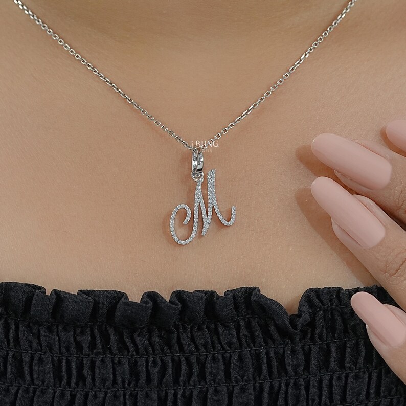 Round Cut Lab Grown Diamond Wedding Pendant / 14K Solid Gold M Letter CVD Diamond Pendant / Eco Friendly Diamond Anniversary Pendant For Her