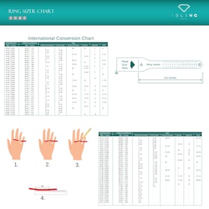 May include: Ring sizer chart with international conversion tables and a ring sizer tool. The chart includes measurements in inches and millimeters, with conversions for various international ring sizes. The image also shows how to measure a finger for ring size.