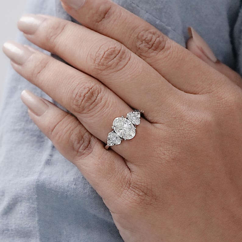 Oval Cut Lab Grown Diamond Five Stone Engagement Ring / EF-VS Diamond Stacking Ring / 14K Solid Gold Proposal Ring For Her / Bridesmaid Gift