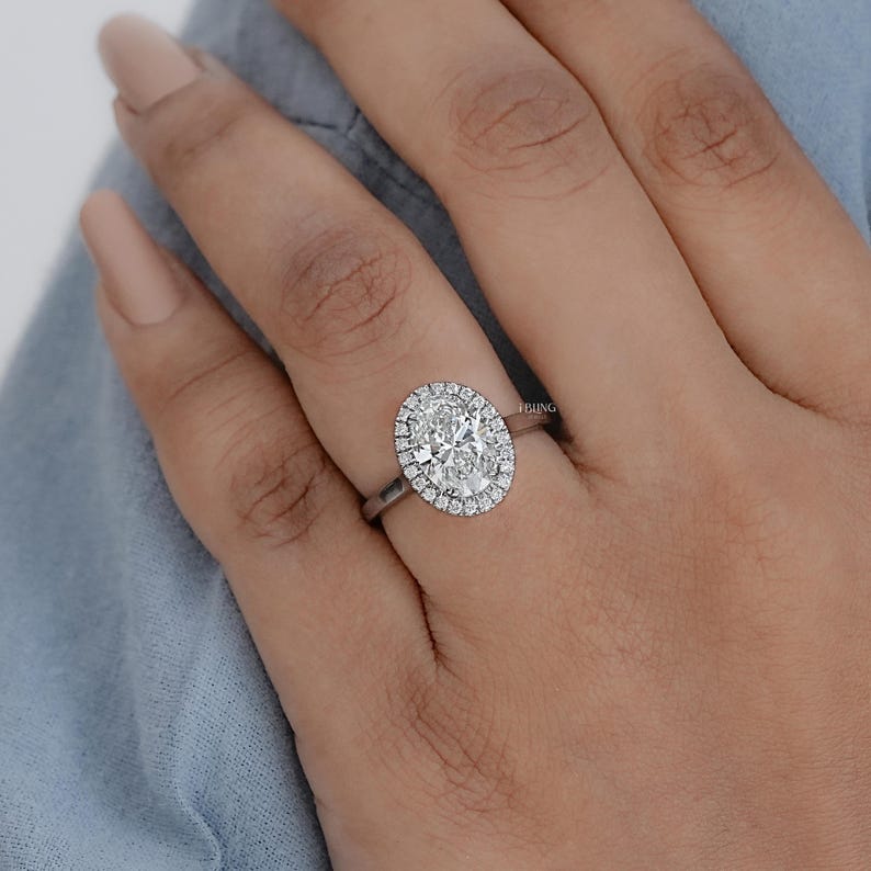 Oval Cut CVD Diamond Anniversary Ring / Conflict Free Diamond Halo Engagement Ring / Hand Made Diamond Customized Wedding Ring For Her