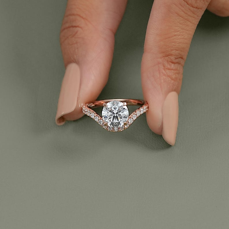 Round Cut Lab Diamond Engagement Ring/ CVD Diamond Solitaire With Accent Ring/ Eco Friendly Diamond Bridal Ring/ Anniversary Ring For Wife