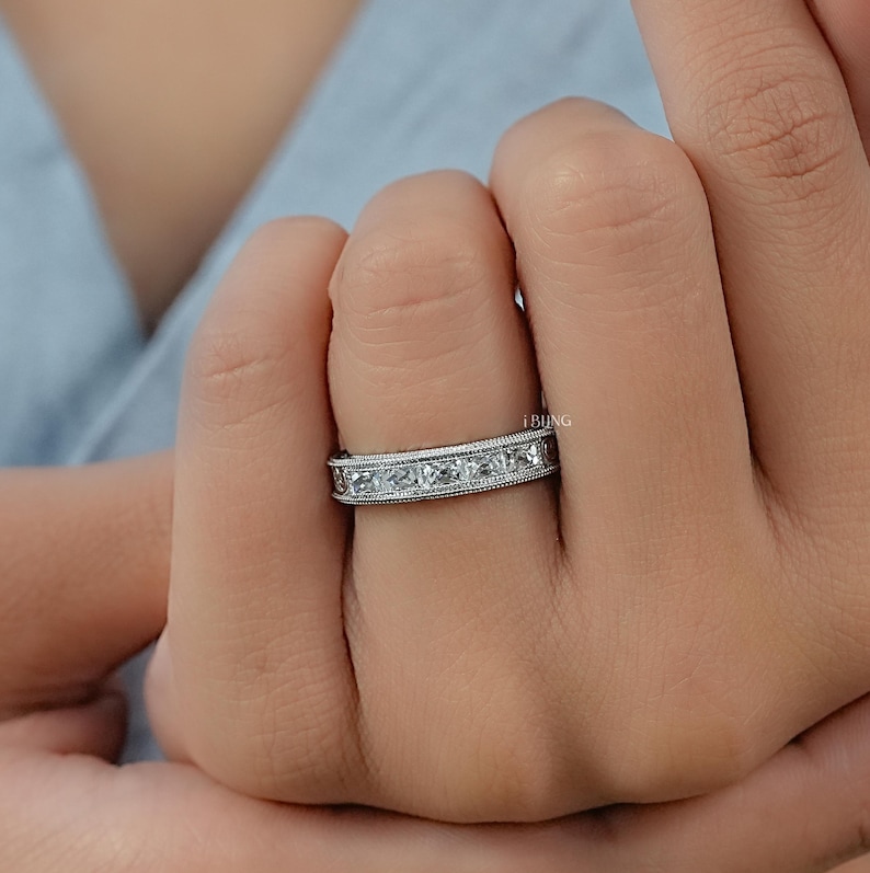 French Cut Baguette Lab Grown Diamond Unisex Wedding Band/ CVD Diamond Milgrain Set Band/ Filigree Set Diamond Engagement Band/ Gift For Him
