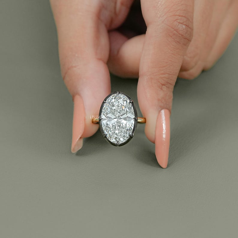 Oval Cut Man Made Diamond Solitaire Engagement Ring / 9 CT IGI Certified Diamond Prong Set Wedding Ring / Two Tone Ring For Anniversary Gift