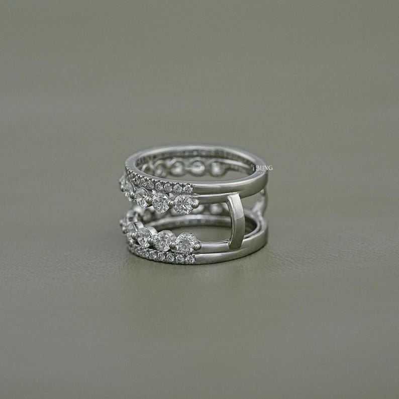 Round Cut Lab Diamond Wrap Guard Band / Conflict Free Diamond Enhancer Band / 14K Solid Gold Customized Matching Band / Double Row Band