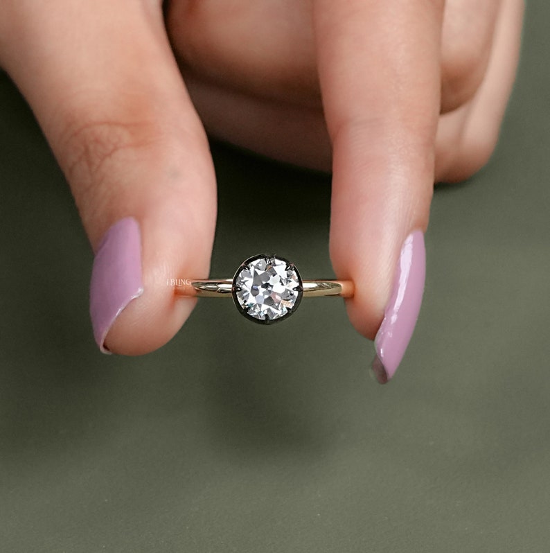 1.00 CT Old European Round Lab Diamond Ring / 14K Yellow Gold Solitaire Engagement Ring / Old Cut Vintage Ring For Her / Anniversary Gift