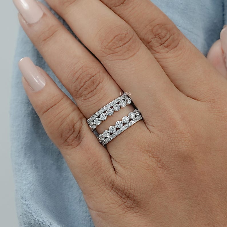 Round Cut Lab Diamond Wrap Guard Band / Conflict Free Diamond Enhancer Band / 14K Solid Gold Customized Matching Band / Double Row Band